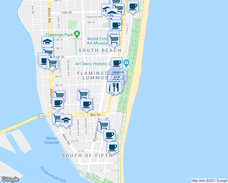 map of restaurants, bars, coffee shops, grocery stores, and more near in Miami Beach