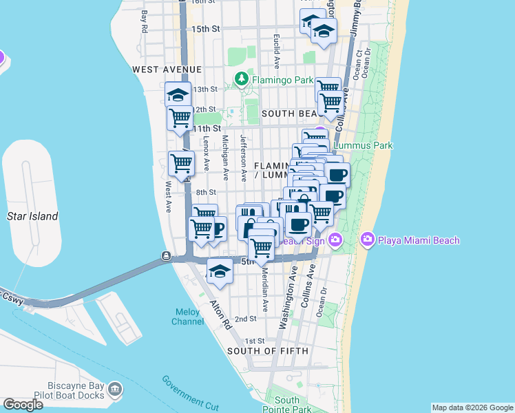 map of restaurants, bars, coffee shops, grocery stores, and more near 719 Meridian Avenue in Miami Beach