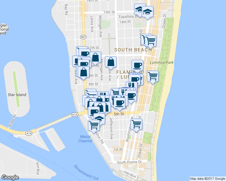 map of restaurants, bars, coffee shops, grocery stores, and more near 726 Jefferson Avenue in Miami Beach