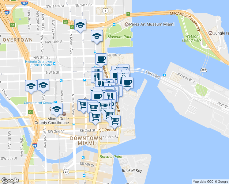 map of restaurants, bars, coffee shops, grocery stores, and more near 325 Biscayne Boulevard in Miami