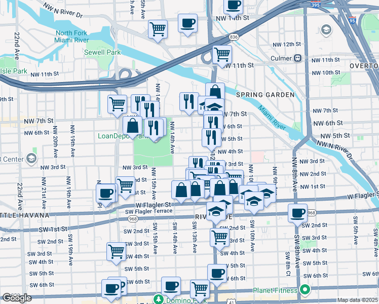 map of restaurants, bars, coffee shops, grocery stores, and more near 1321 Northwest 4th Street in Miami