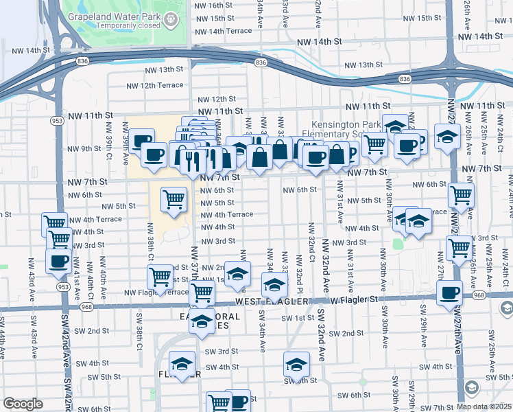 map of restaurants, bars, coffee shops, grocery stores, and more near 3428 Northwest 5th Street in Miami