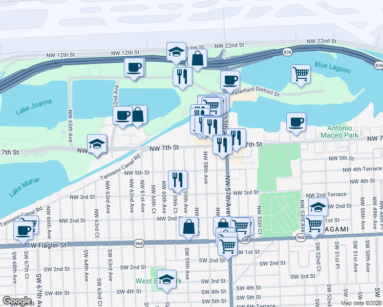 map of restaurants, bars, coffee shops, grocery stores, and more near 650 Northwest 59th Avenue in Miami