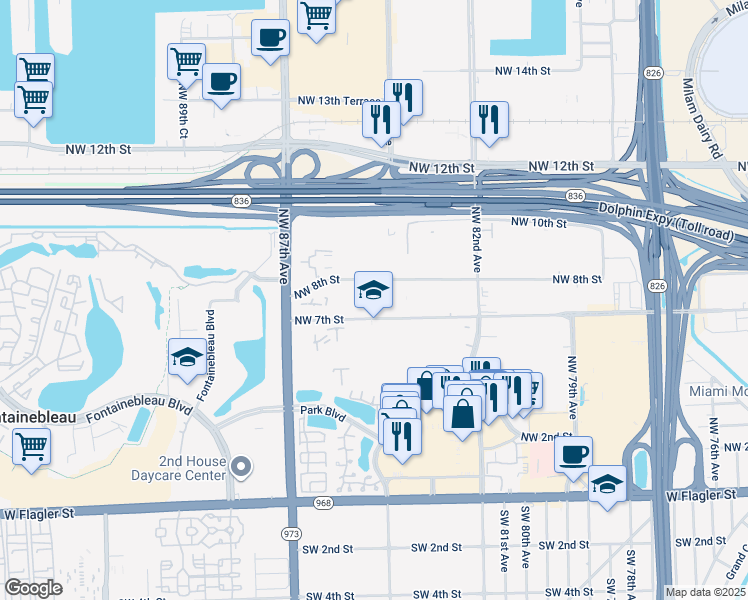 map of restaurants, bars, coffee shops, grocery stores, and more near 8412 Northwest 8th Street in Miami