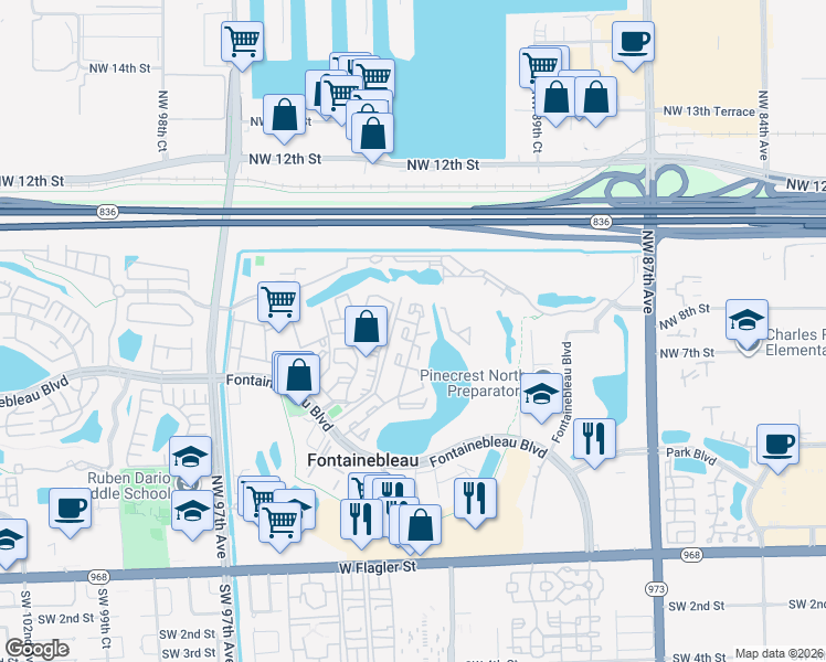 map of restaurants, bars, coffee shops, grocery stores, and more near 9371 Fontainebleau Boulevard in Miami
