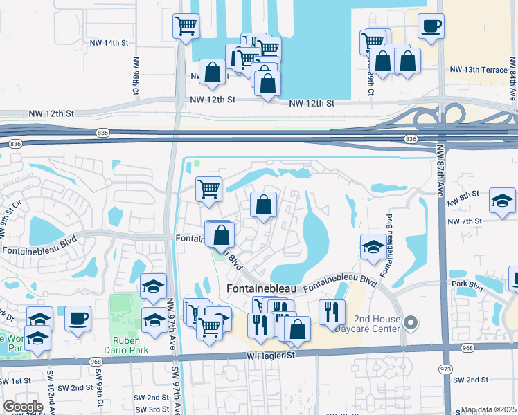 map of restaurants, bars, coffee shops, grocery stores, and more near 9419 Fontainebleau Boulevard in Miami