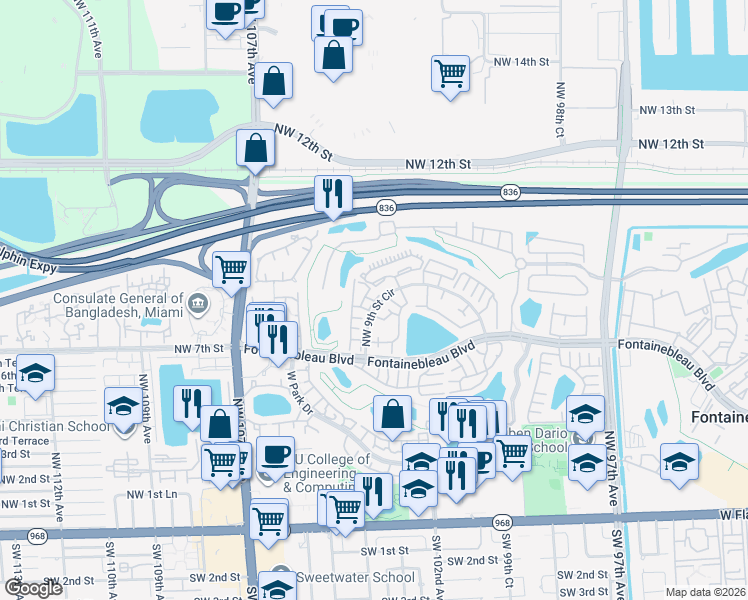 map of restaurants, bars, coffee shops, grocery stores, and more near 10303 Northwest 9th Street Circle in Miami