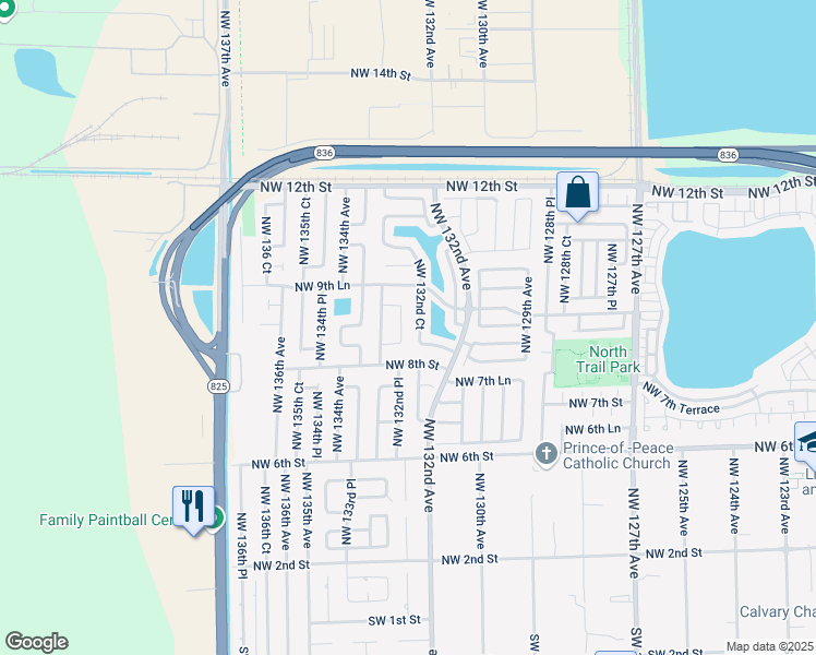 map of restaurants, bars, coffee shops, grocery stores, and more near 890 Northwest 132nd Place in Miami