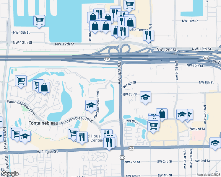 map of restaurants, bars, coffee shops, grocery stores, and more near 8893 Fontainebleau Boulevard in Miami