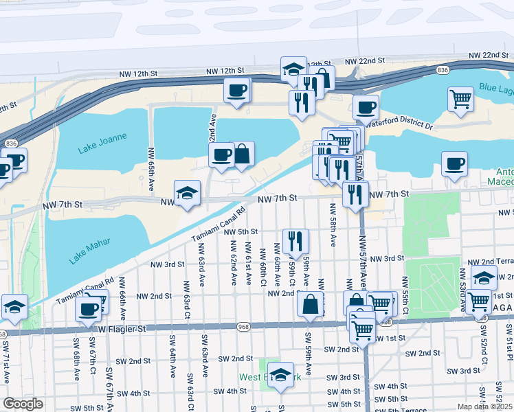 map of restaurants, bars, coffee shops, grocery stores, and more near 6060 Northwest 7th Street in Miami