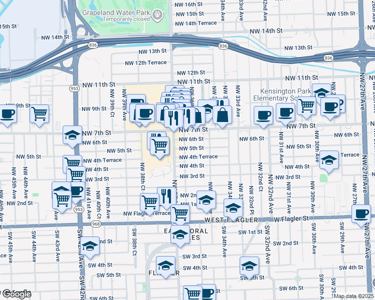 map of restaurants, bars, coffee shops, grocery stores, and more near 3652 Northwest 5th Street in Miami