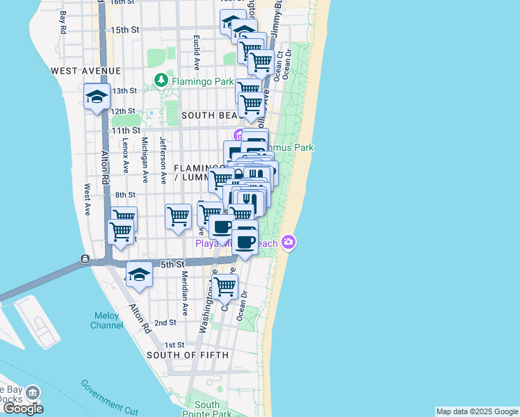 map of restaurants, bars, coffee shops, grocery stores, and more near 736 Ocean Drive in Miami Beach
