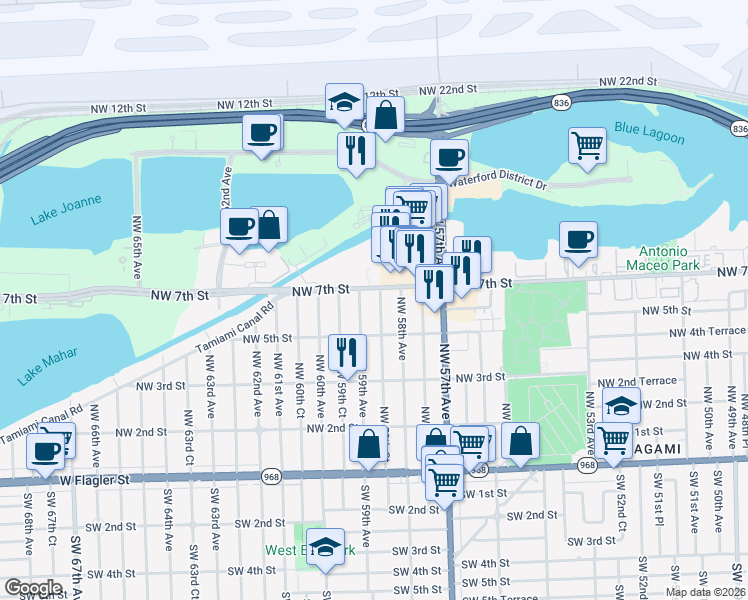 map of restaurants, bars, coffee shops, grocery stores, and more near 650 Northwest 59th Avenue in Miami