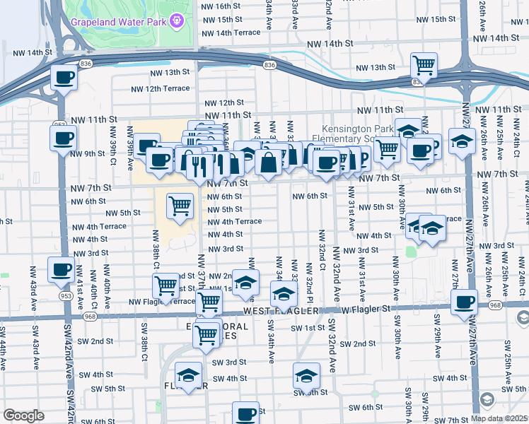map of restaurants, bars, coffee shops, grocery stores, and more near 3428 Northwest 5th Street in Miami