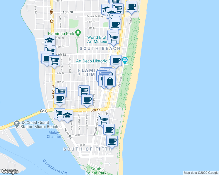map of restaurants, bars, coffee shops, grocery stores, and more near in Miami Beach
