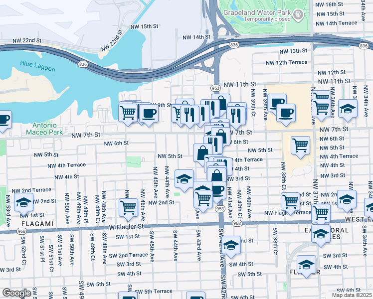 map of restaurants, bars, coffee shops, grocery stores, and more near 532 Northwest 43rd Court in Miami
