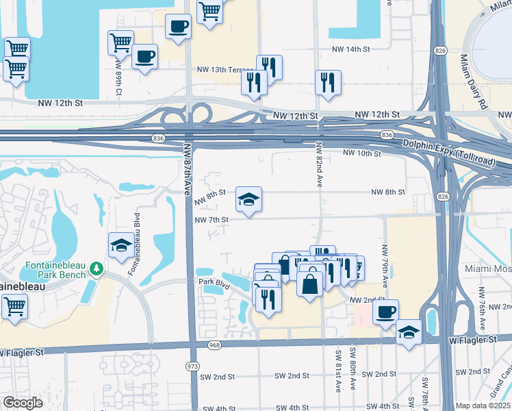 map of restaurants, bars, coffee shops, grocery stores, and more near 8412 Northwest 8th Street in Miami