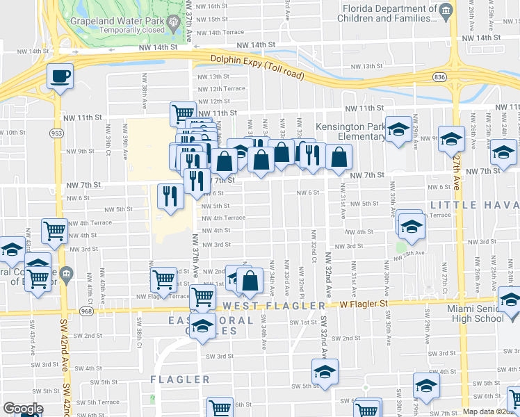 map of restaurants, bars, coffee shops, grocery stores, and more near 3428 Northwest 5th Street in Miami