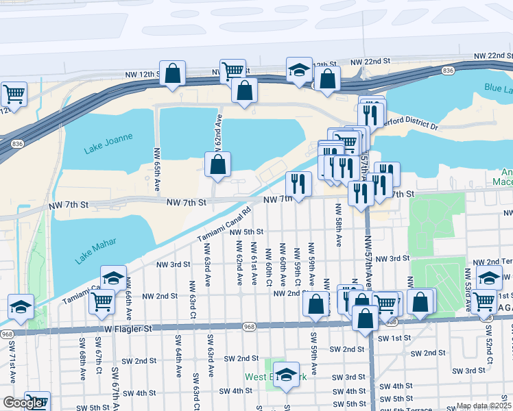map of restaurants, bars, coffee shops, grocery stores, and more near 6060 Northwest 7th Street in Miami
