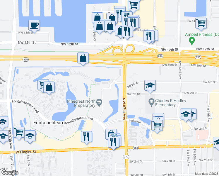 map of restaurants, bars, coffee shops, grocery stores, and more near 8893 Fontainebleau Boulevard in Miami