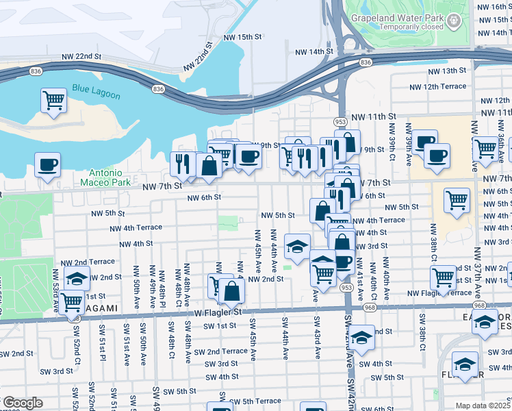 map of restaurants, bars, coffee shops, grocery stores, and more near 4501 Northwest 5th Street in Miami