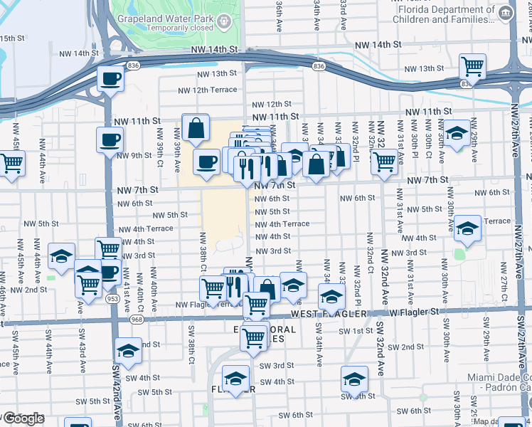 map of restaurants, bars, coffee shops, grocery stores, and more near 3652 Northwest 5th Street in Miami