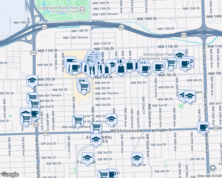 map of restaurants, bars, coffee shops, grocery stores, and more near 3502 Northwest 5th Street in Miami