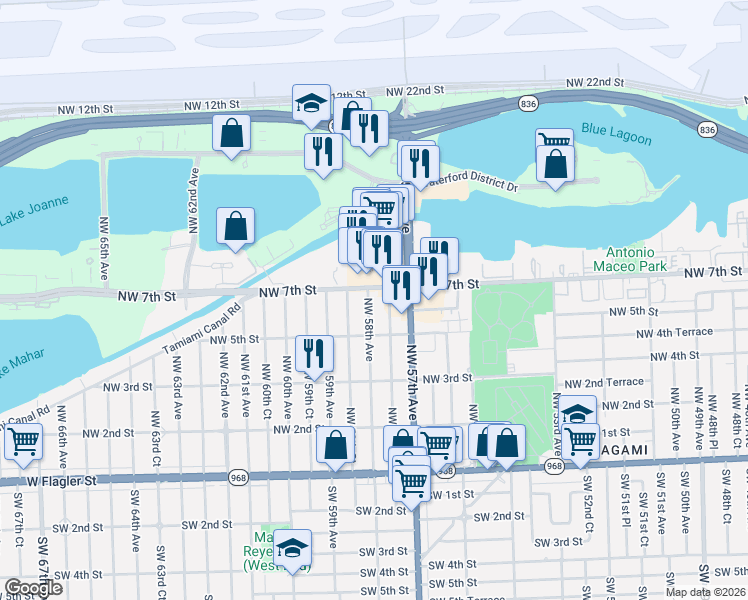map of restaurants, bars, coffee shops, grocery stores, and more near 640 Northwest 58th Avenue in Miami