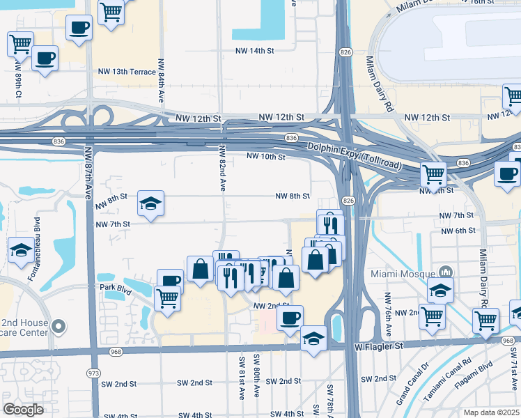map of restaurants, bars, coffee shops, grocery stores, and more near 8075 Northwest 7th Street in Miami