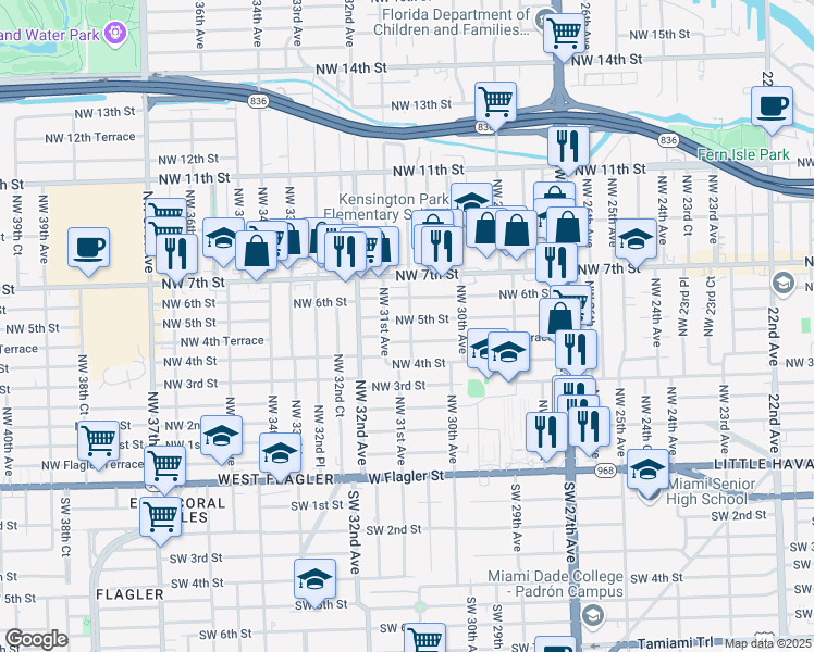 map of restaurants, bars, coffee shops, grocery stores, and more near 480 Northwest 30th Place in Miami