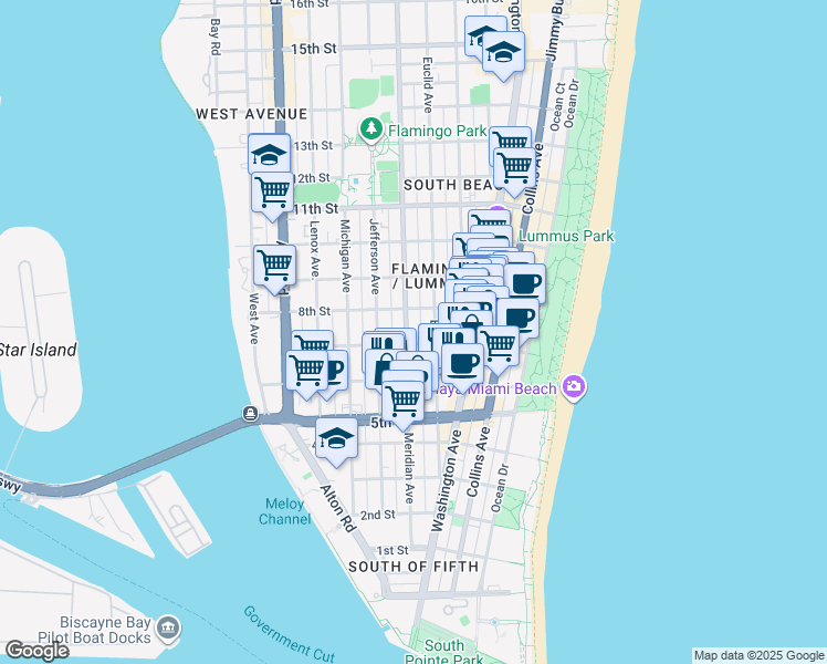 map of restaurants, bars, coffee shops, grocery stores, and more near 719 Meridian Avenue in Miami Beach