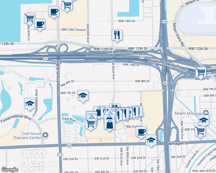 map of restaurants, bars, coffee shops, grocery stores, and more near 8259 Northwest 7th Street in Miami