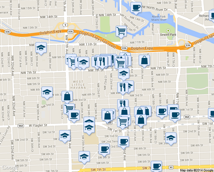 map of restaurants, bars, coffee shops, grocery stores, and more near 451 Northwest 23rd Court in Miami