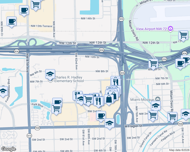 map of restaurants, bars, coffee shops, grocery stores, and more near 8025 Northwest 7th Street in Miami