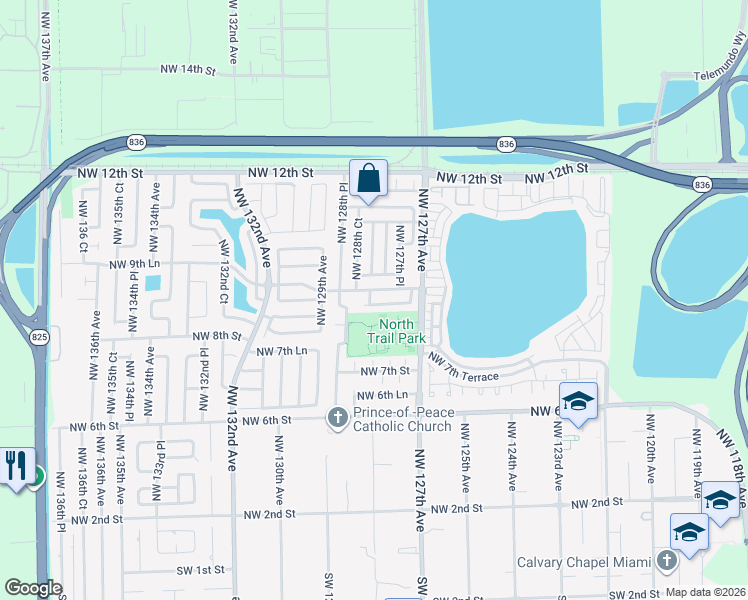 map of restaurants, bars, coffee shops, grocery stores, and more near 12785 NW 8th Ln in Miami
