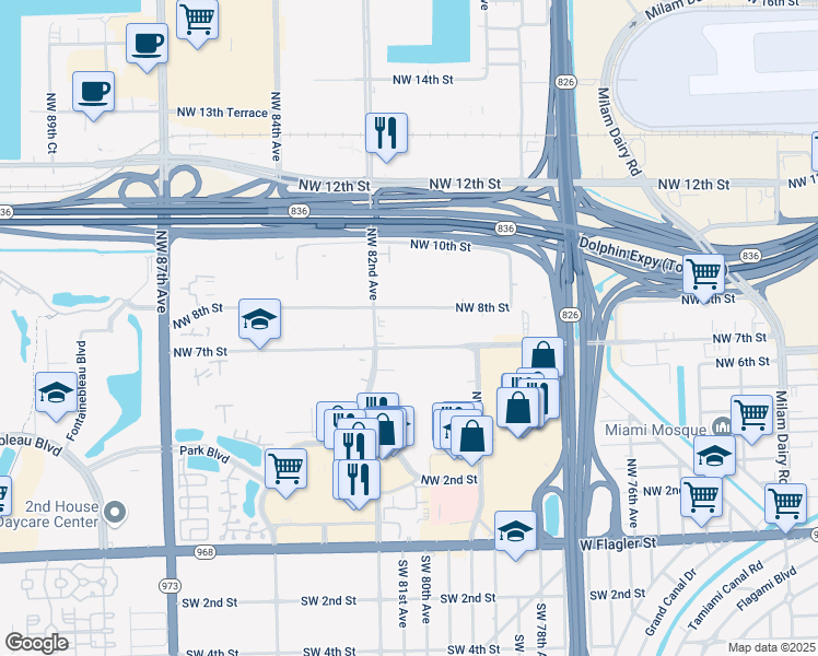 map of restaurants, bars, coffee shops, grocery stores, and more near 8185 Northwest 7th Street in Miami