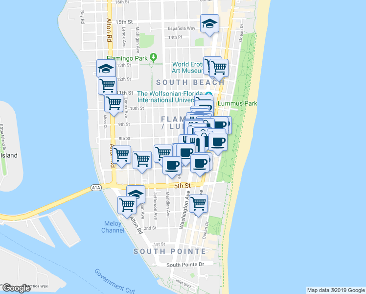 map of restaurants, bars, coffee shops, grocery stores, and more near 719 Euclid Avenue in Miami Beach