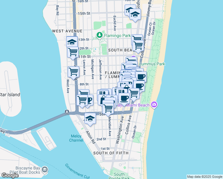 map of restaurants, bars, coffee shops, grocery stores, and more near 719 Meridian Avenue in Miami Beach