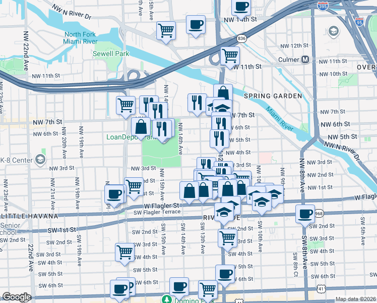 map of restaurants, bars, coffee shops, grocery stores, and more near 1321 Northwest 4th Street in Miami