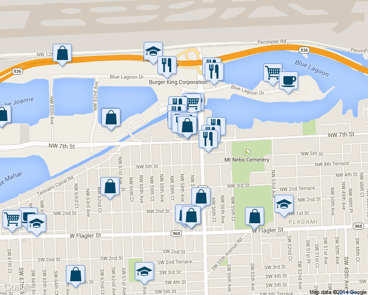 map of restaurants, bars, coffee shops, grocery stores, and more near 640 Northwest 58th Avenue in Miami
