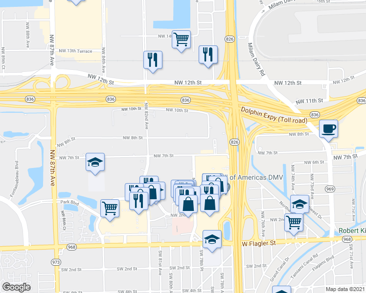 map of restaurants, bars, coffee shops, grocery stores, and more near 8025 Northwest 7th Street in Miami