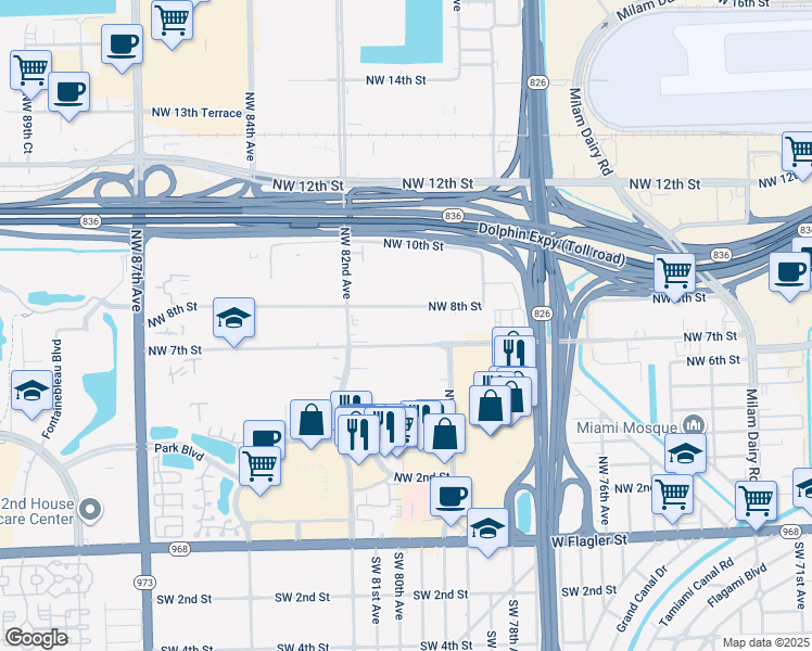 map of restaurants, bars, coffee shops, grocery stores, and more near 8075 Northwest 7th Street in Miami