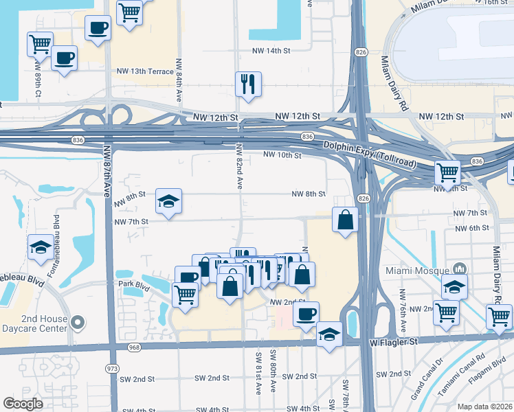 map of restaurants, bars, coffee shops, grocery stores, and more near 8185 Northwest 7th Street in Miami