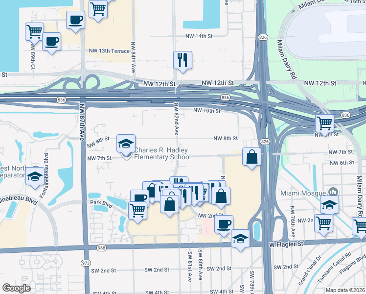 map of restaurants, bars, coffee shops, grocery stores, and more near 8185 Northwest 7th Street in Miami