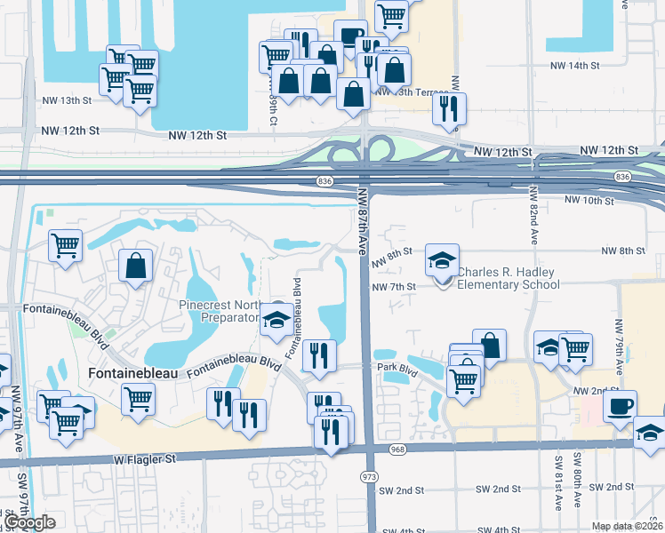 map of restaurants, bars, coffee shops, grocery stores, and more near 8893 Fontainebleau Boulevard in Miami