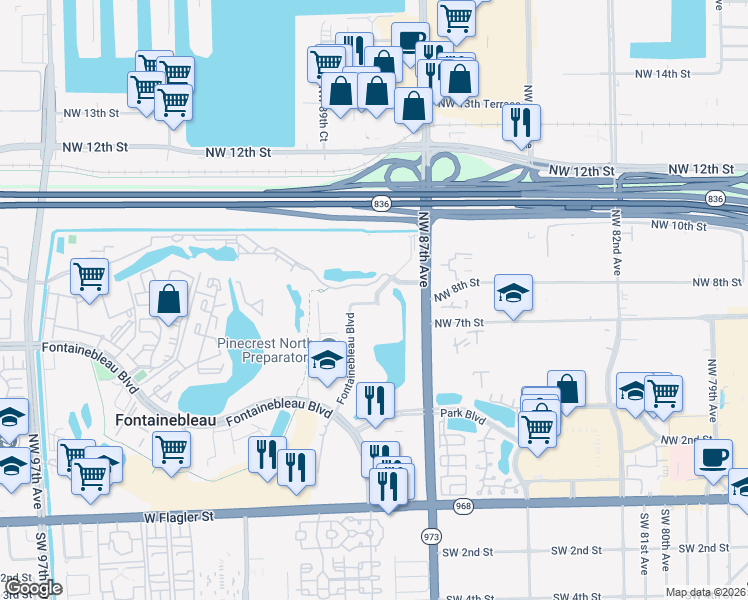 map of restaurants, bars, coffee shops, grocery stores, and more near 8893 Fontainebleau Boulevard in Miami
