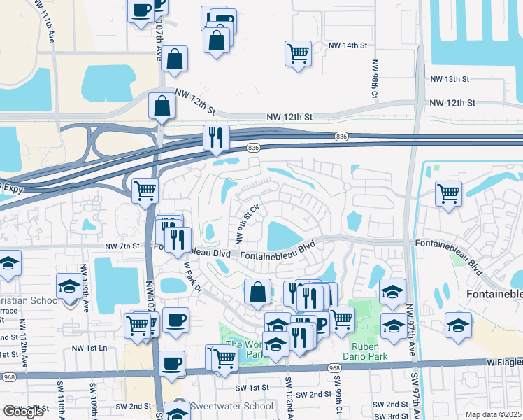 map of restaurants, bars, coffee shops, grocery stores, and more near 10288 Northwest 9th Street Circle in Miami