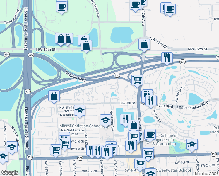 map of restaurants, bars, coffee shops, grocery stores, and more near 10871 Northwest 7th Street in Miami
