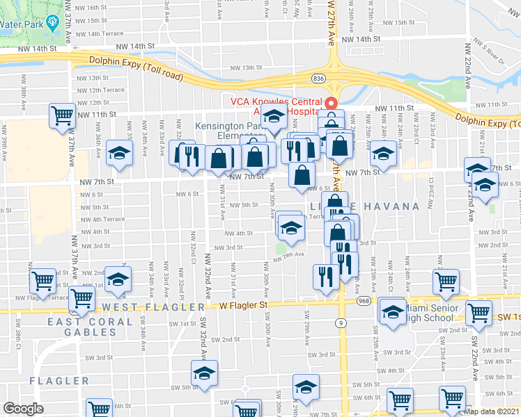 map of restaurants, bars, coffee shops, grocery stores, and more near 3030 Northwest 5th Street in Miami