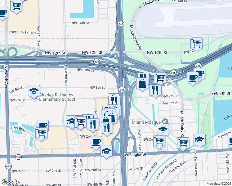map of restaurants, bars, coffee shops, grocery stores, and more near 7741 Northwest 7th Street in Miami